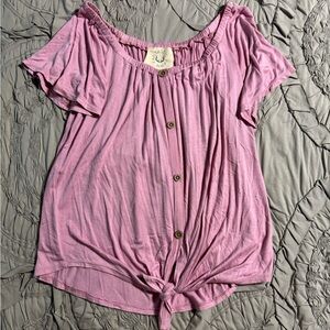 Pink off shoulder button down tie front top